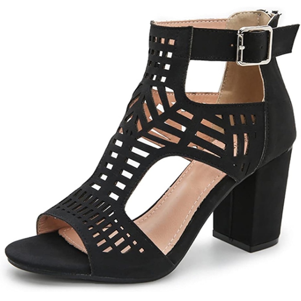 Ankle Strap Cutout Open Toe Chunky Heel Zip Up Block Heel Peep Toe w/ Buckle